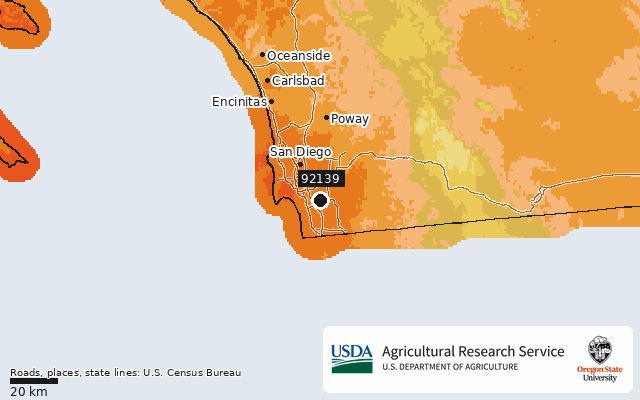 2023 USDA Plant Hardiness Zone Map around ZIP 92139, marker at San Diego, CA