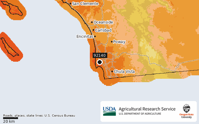 2023 USDA Plant Hardiness Zone Map around ZIP 92140, marker at San Diego, CA