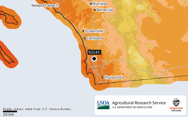 2023 USDA Plant Hardiness Zone Map around ZIP 92145, marker at San Diego, CA