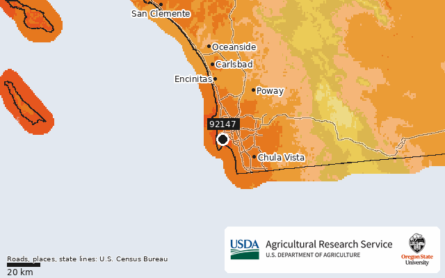 2023 USDA Plant Hardiness Zone Map around ZIP 92147, marker at San Diego, CA
