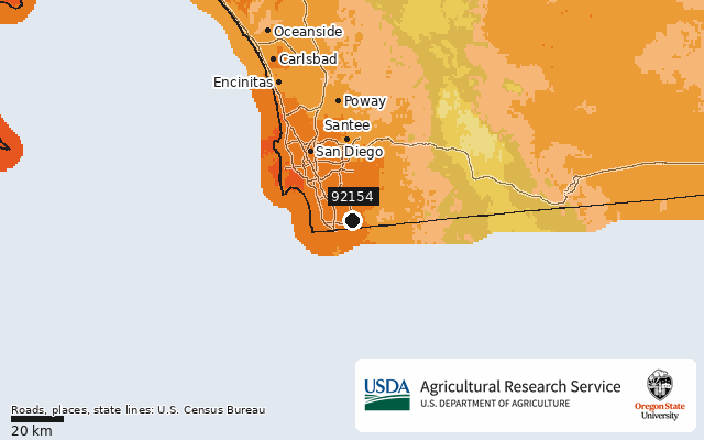 2023 USDA Plant Hardiness Zone Map around ZIP 92154, marker at San Diego, CA