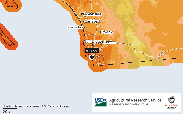 2023 USDA Plant Hardiness Zone Map around ZIP 92155, marker at San Diego, CA