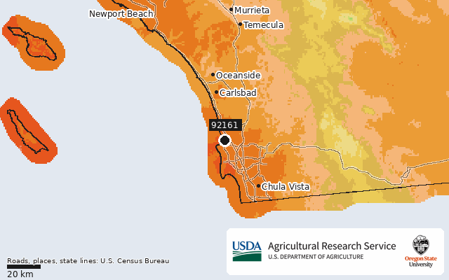 2023 USDA Plant Hardiness Zone Map around ZIP 92161, marker at San Diego, CA