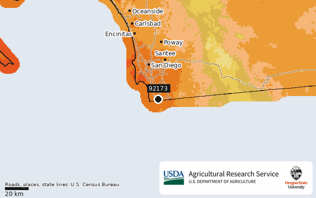 2023 USDA Plant Hardiness Zone Map around ZIP 92173, marker at San Ysidro, CA