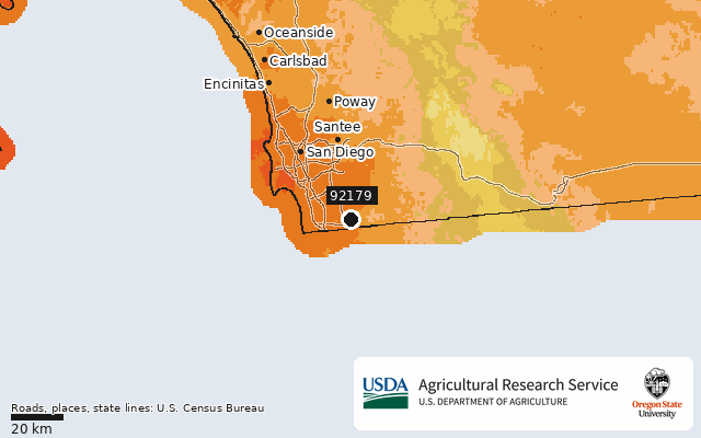 2023 USDA Plant Hardiness Zone Map around ZIP 92179, marker at San Diego, CA