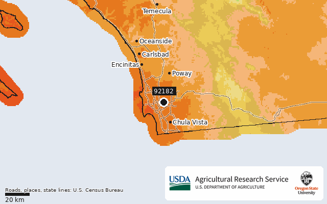 2023 USDA Plant Hardiness Zone Map around ZIP 92182, marker at San Diego, CA